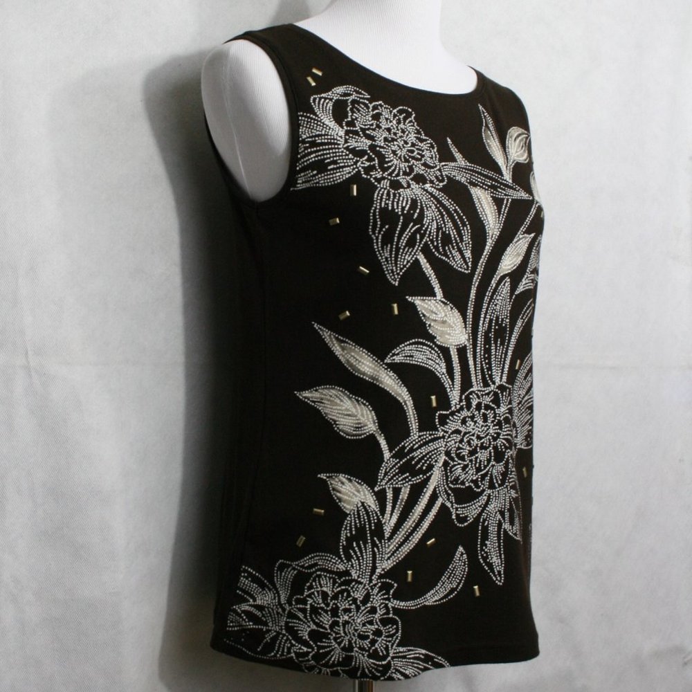 Vintage 80's Karen Scott Brown Cotton Blend Floral Blouse w/ Beads SZ M EUC